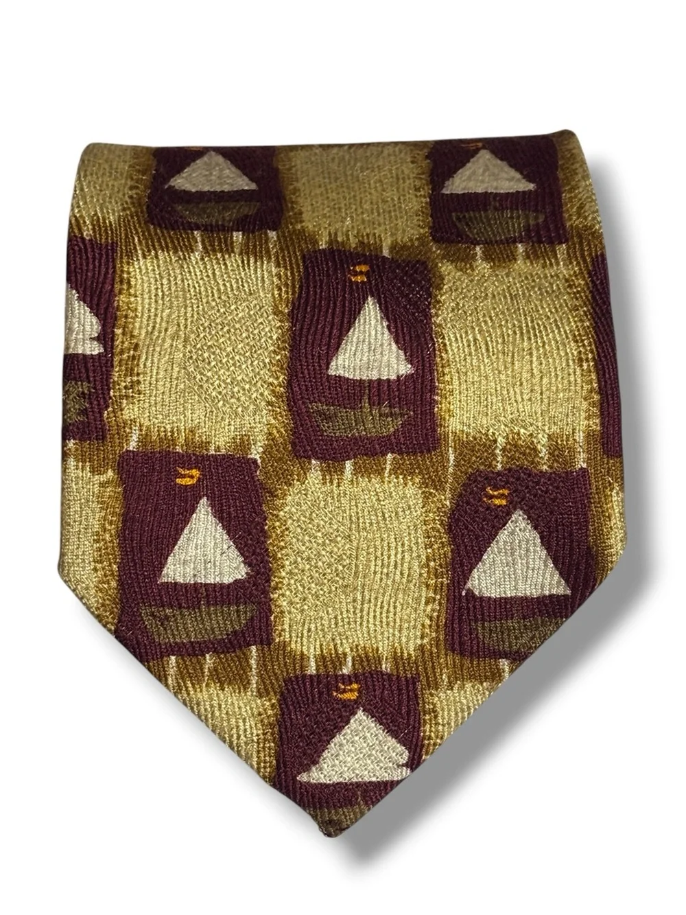 ERMENEGILDO ZENGA Yellow, Tan, & Red Silk Square Pattern Sailboats Tie VINTAGE